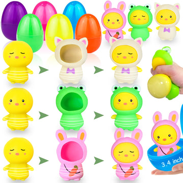 Igeekid 12 Pcs Jumbo Easter Eggs Filled Animal Squeeze Balls Toys,Chicks Costume Change Stuffers Stress Relief Toys For Kids Eas