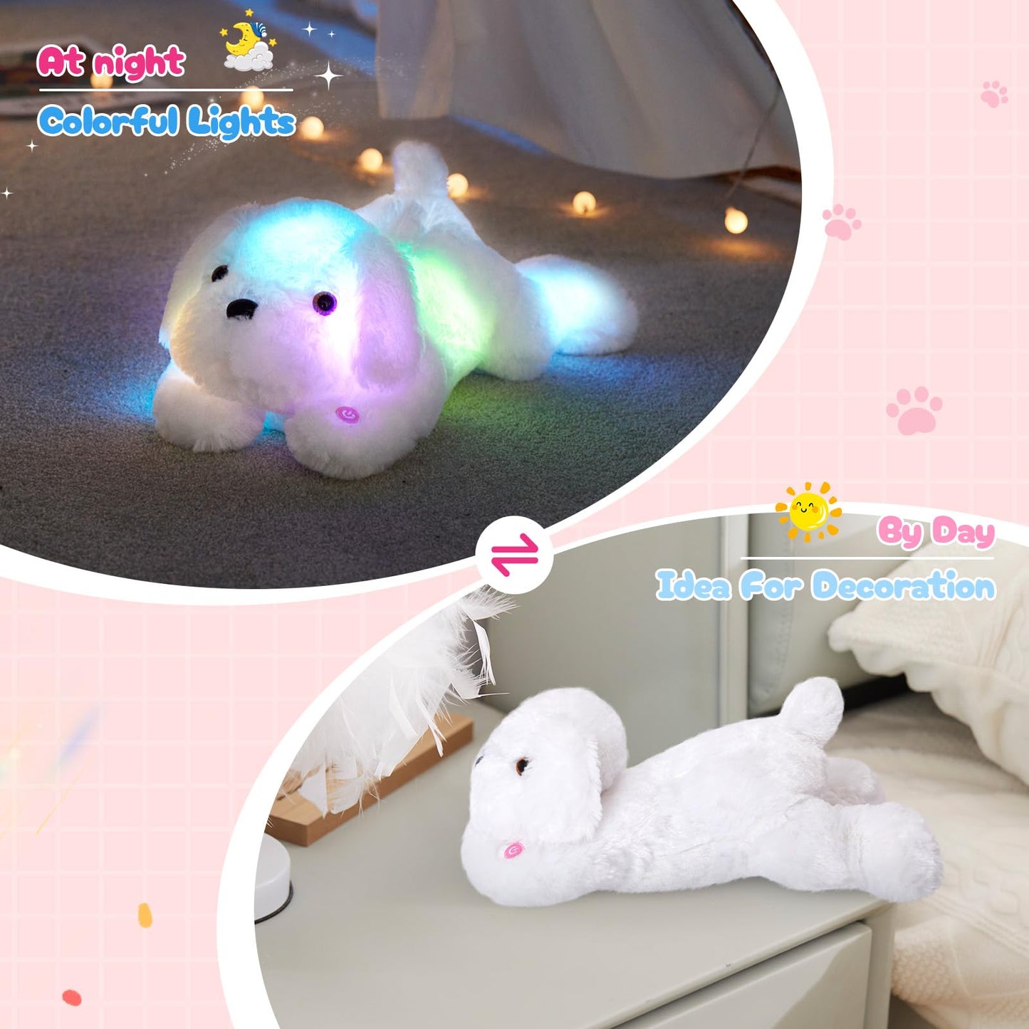 Wewill 18'' Light Up White Puppy Dog Led Stuffed Animal With Colorful Night Light Glow Soft Plush Toy Gifts For Kids On Christmas Birthday
