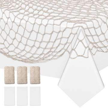 Unittype 6 Pack Fish Net Decorative And Tablecloth Set, Cotton Fishnet And Plastic Table Cover Decorations Set For Nautical Them