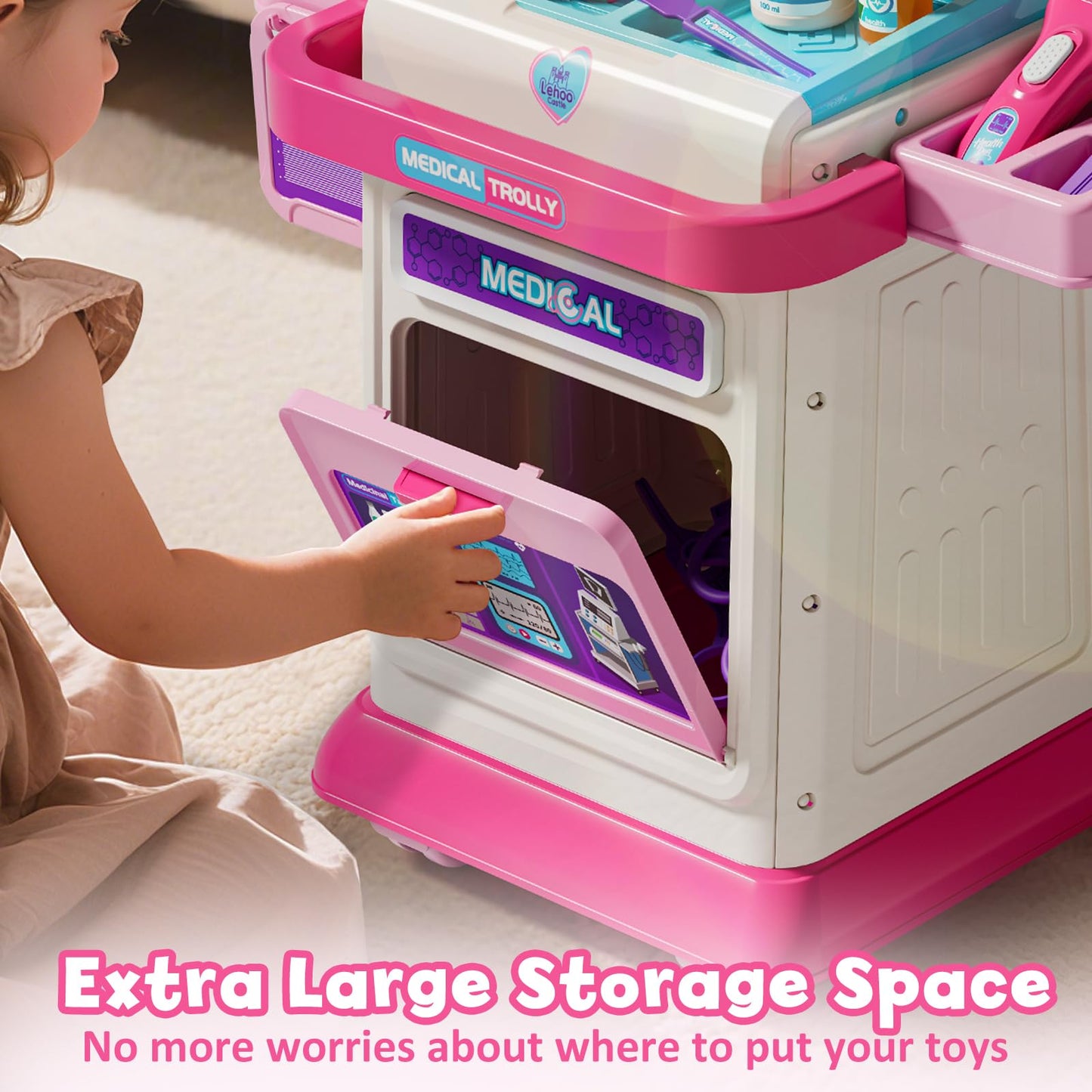 Lehoo Castle Doctor Kit for Toddlers, Mobile Cart with Lights & Sound, Pink, Model DK-007-P, Ideal Gift for Girls 2-5 Years Old