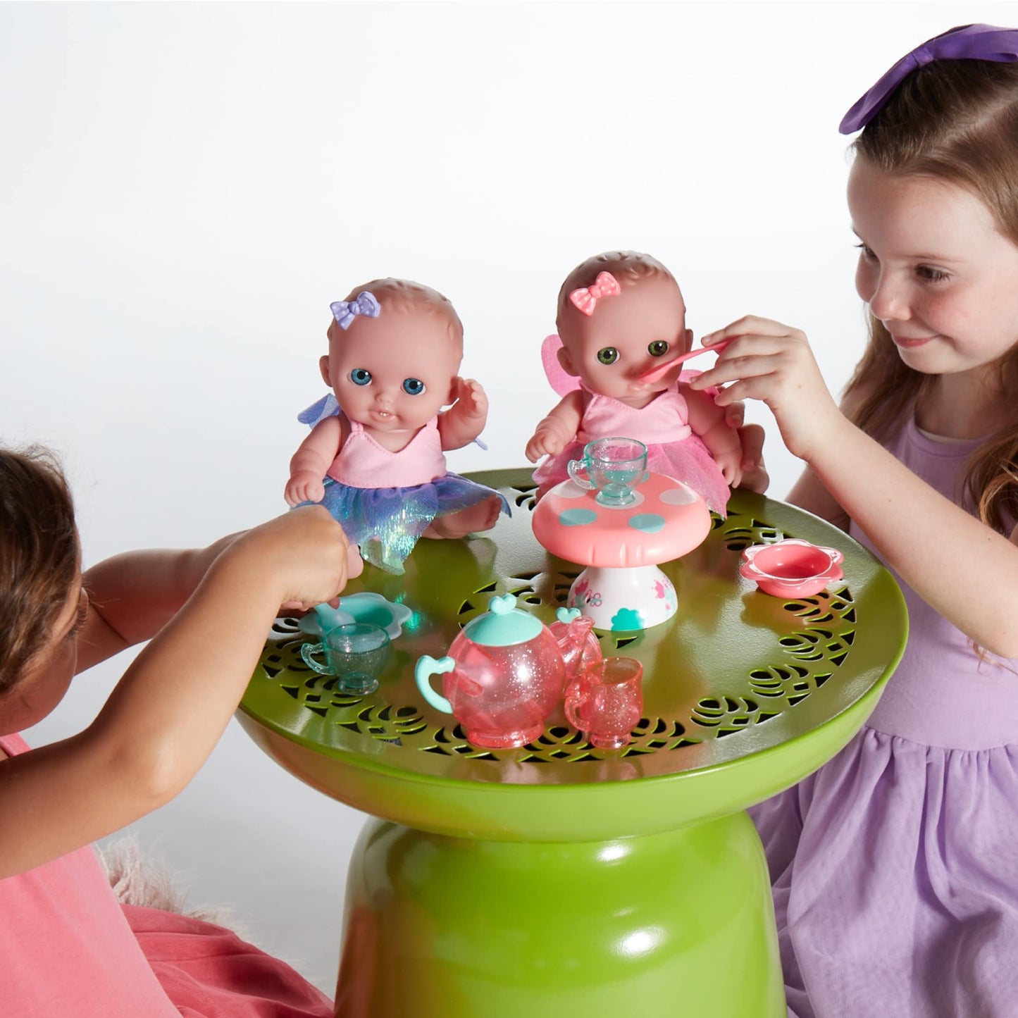 Jc Toys Lil Cutesies Twin 8.5' All Vinyl Dolls And Fairy Tea Set | Posable And Washable | Removable Outfits | Twin Dolls And Tea Accessories Ages 2+
