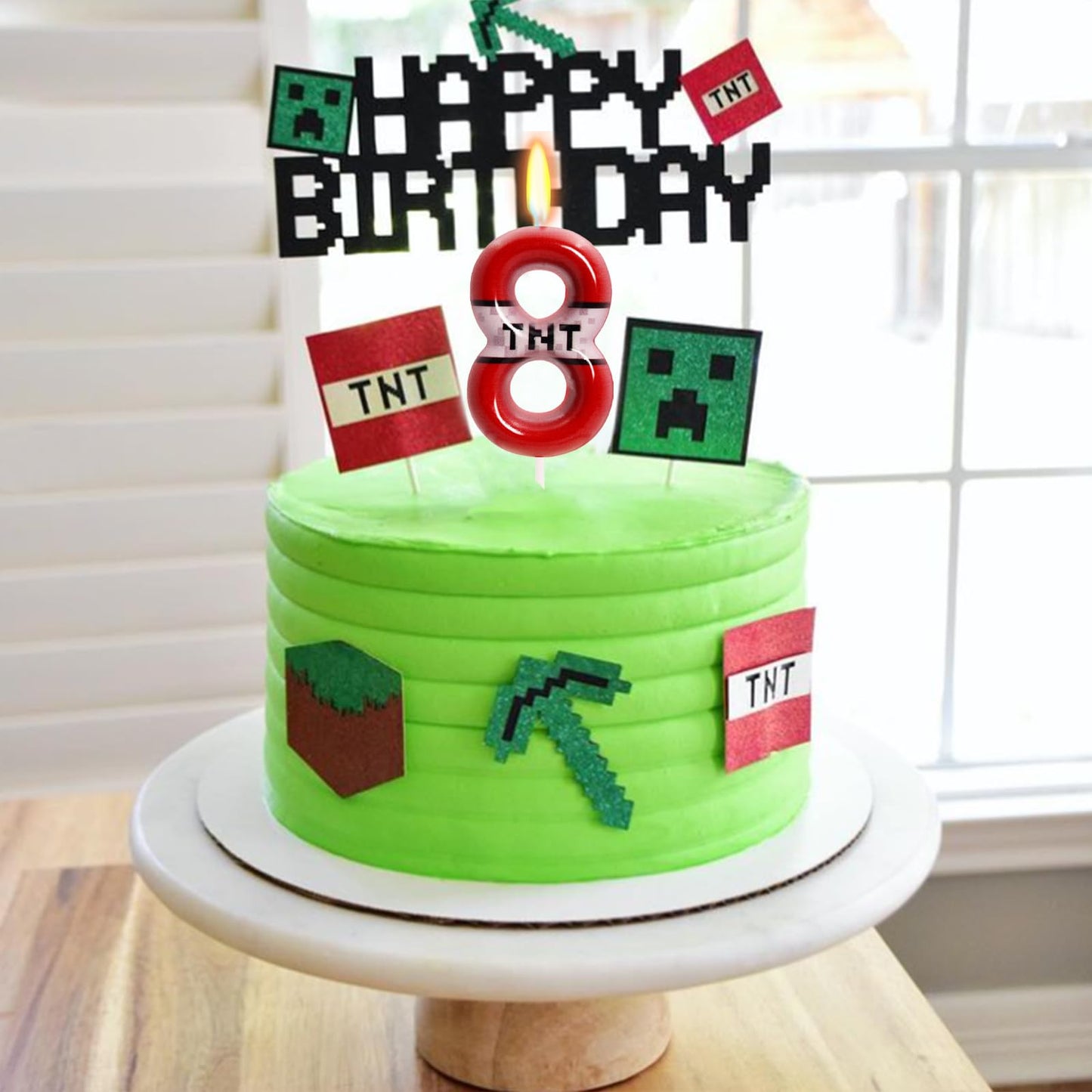 TNT Themed Birthday Candles for Boys Girls, Craft Pixels Cake Topper, Kids Themed Birthday Party Supplies (Number 8-Red)