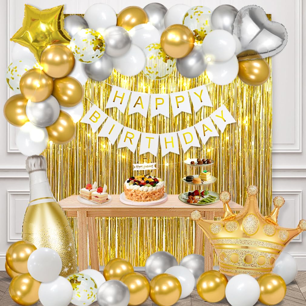 Msmancy White And Gold Birthday Decorations For Women Men 53Pcs With Happy Birthday Banner Curtains Bottle Crown Heart Star Led