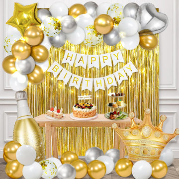 Msmancy White And Gold Birthday Decorations For Women Men 53Pcs With Happy Birthday Banner Curtains Bottle Crown Heart Star Led