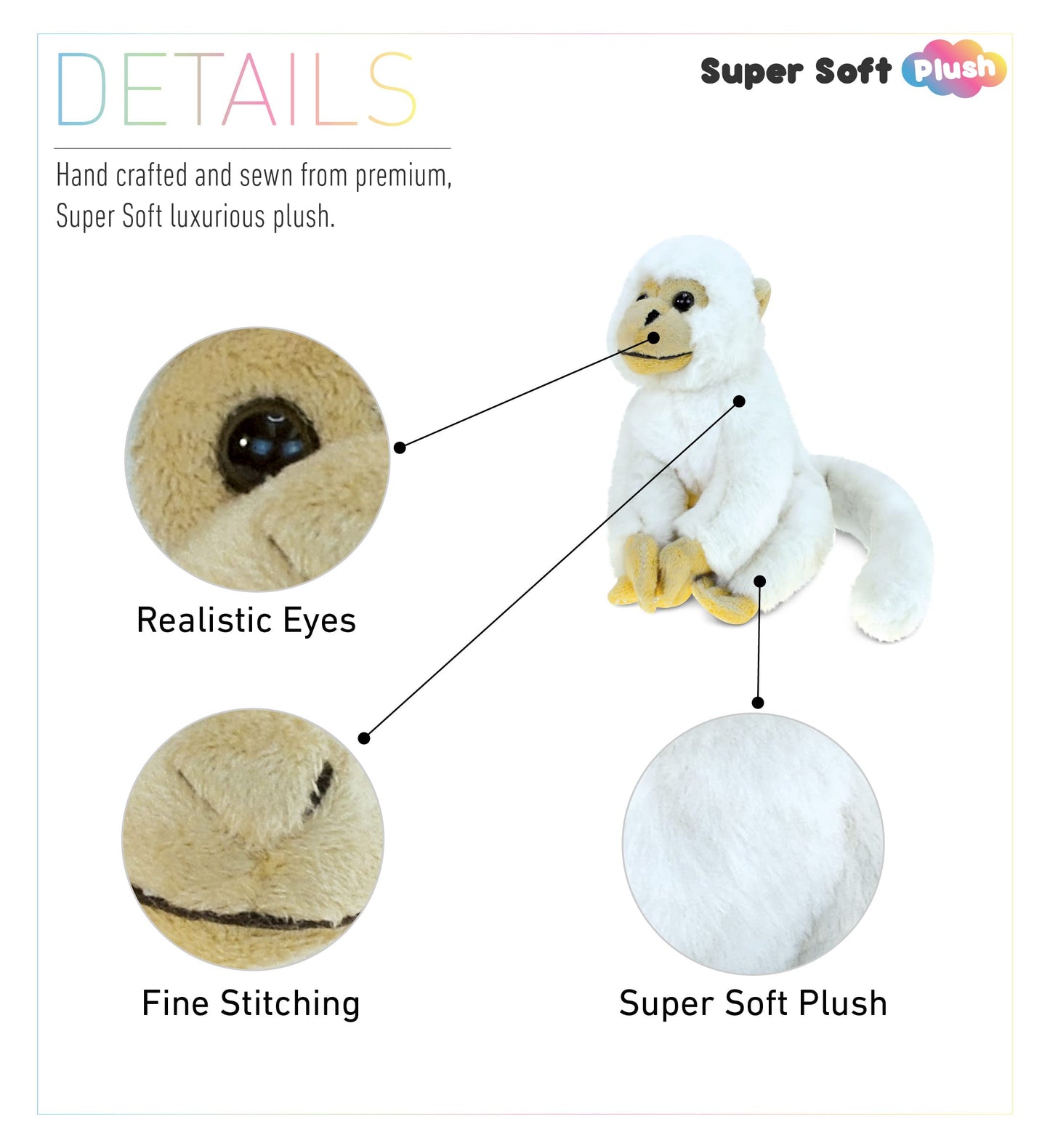 Puzzled Squirrel Monkey Plush - Super Soft 12" Stuffed Animal, White Polyester, Model 5353, Ideal for Kids and Adults