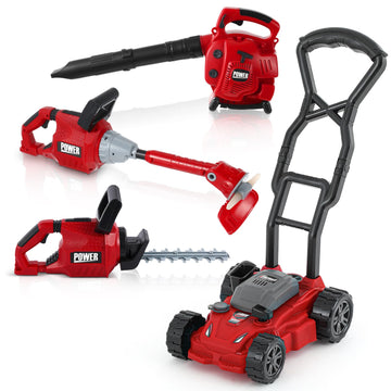 Arrowbash 4 Pcs Toy Gardening Tool Set for Kids Toy Leaf Blower  Trimmer Hedge Trimmer Push Lawn Mower Battery Play Set Christmas Birthday Party Gift for Boys Girls