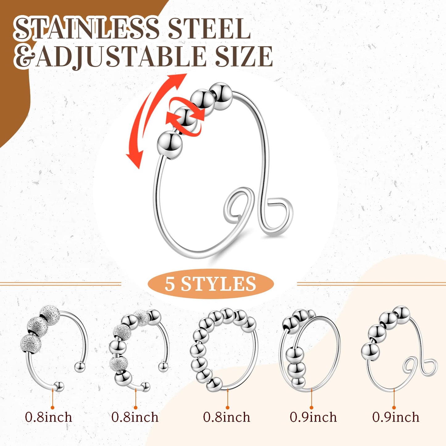 30 Pcs Anxiety Fidget Ring For Women Stainless Steel Adjustable Spinner Ring With Beads For Men Women Adults Stress Relief(Silver)