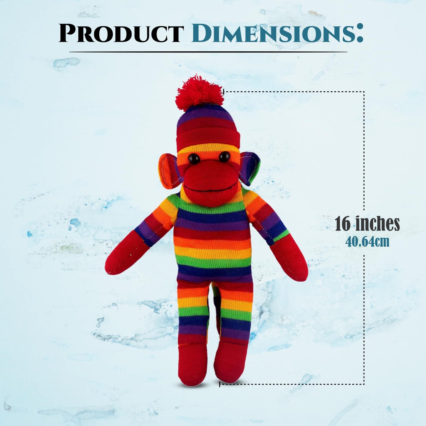 Plushland Plush Sock Monkey Stuffed Animal Toy - 16'' Rainbow, Hand Knitted Gift for Kids, Babies, Teens, Girls and Boys