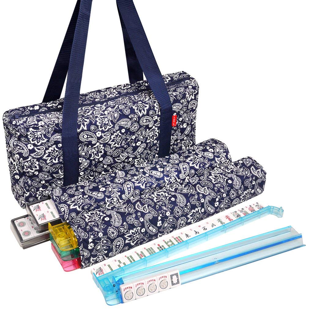 Linda Li New! - American Mahjong Set 166 enhanced White Tiles  4 All-in-One Rack/Pushers  Blue Paisley Soft Bag - Classic Full Size Complete Mahjongg Set