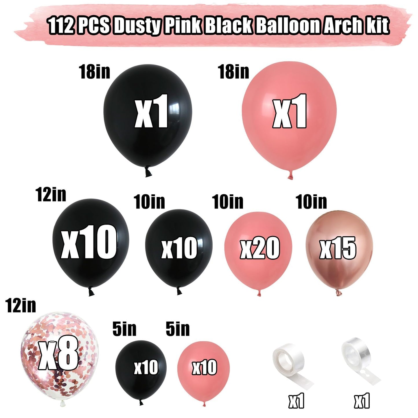 Dusty Pink And Black Balloon Arch Kit, 112 Pcs Pink Rose Gold And Black Balloons Garland With Rrose Gold Confetti Metallic Rose