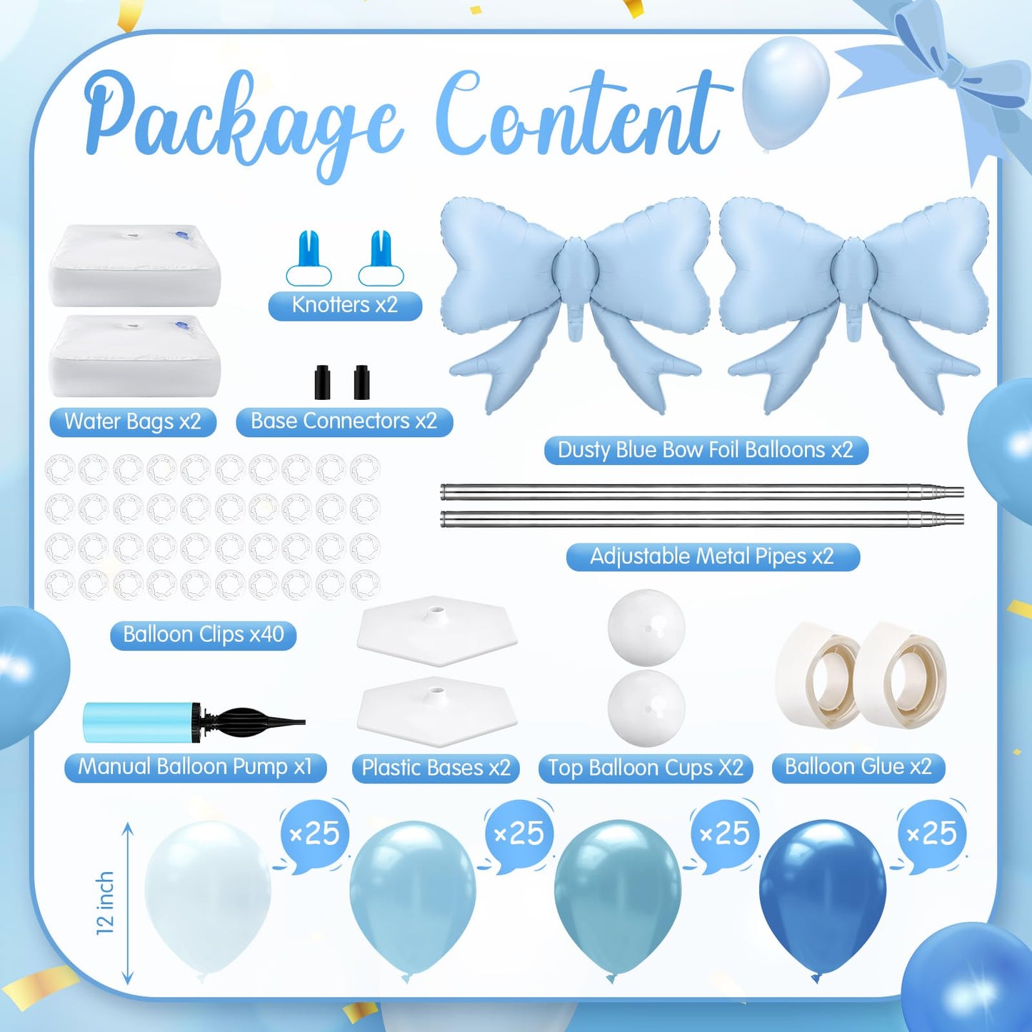 Kasyat Balloon Column Stand Kit - Dusty Blue Bow Decor for Baby Showers, Birthdays, Weddings - AU-Kasyat-1735