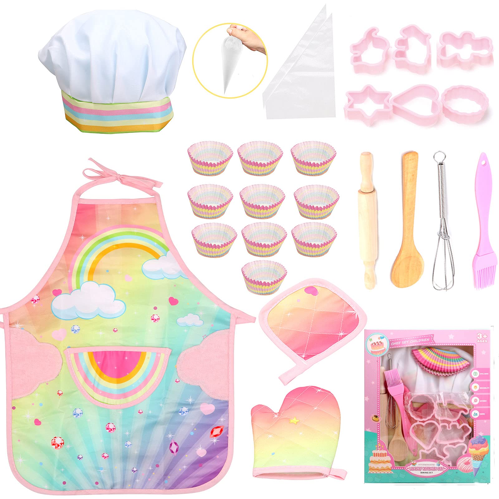 Giftrrtoy Real Kids Cooking And Baking Set - 26 Pcs Kids Chef Role Play Costume Set Includes Rainbow Apron, Chef Hat, Cooking Mi