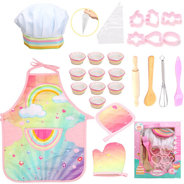 Giftrrtoy Real Kids Cooking And Baking Set - 26 Pcs Kids Chef Role Play Costume Set Includes Rainbow Apron, Chef Hat, Cooking Mi
