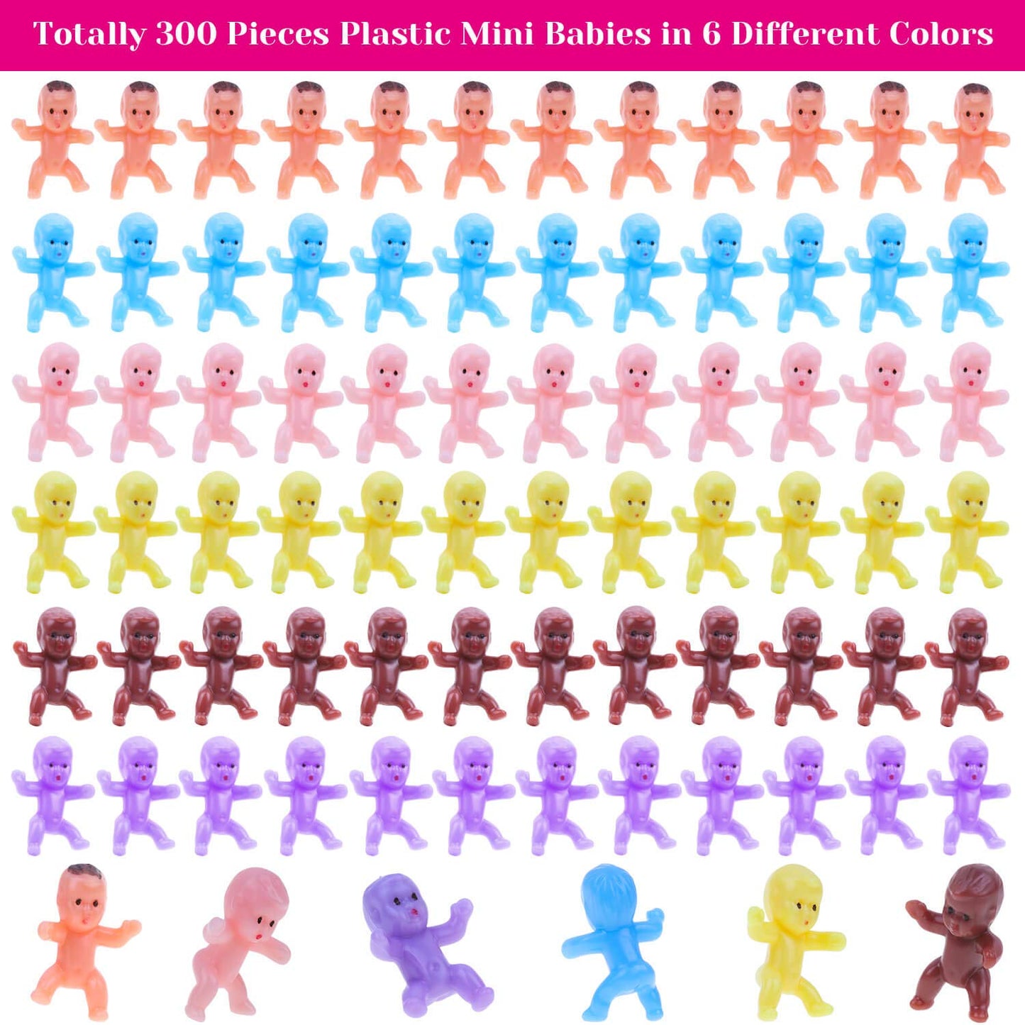 selizo Mini Plastic Babies - 300pcs Tiny Figurines for Baby Shower Games, 6 Colors, Ideal for Ice Cube & King Cake Decor