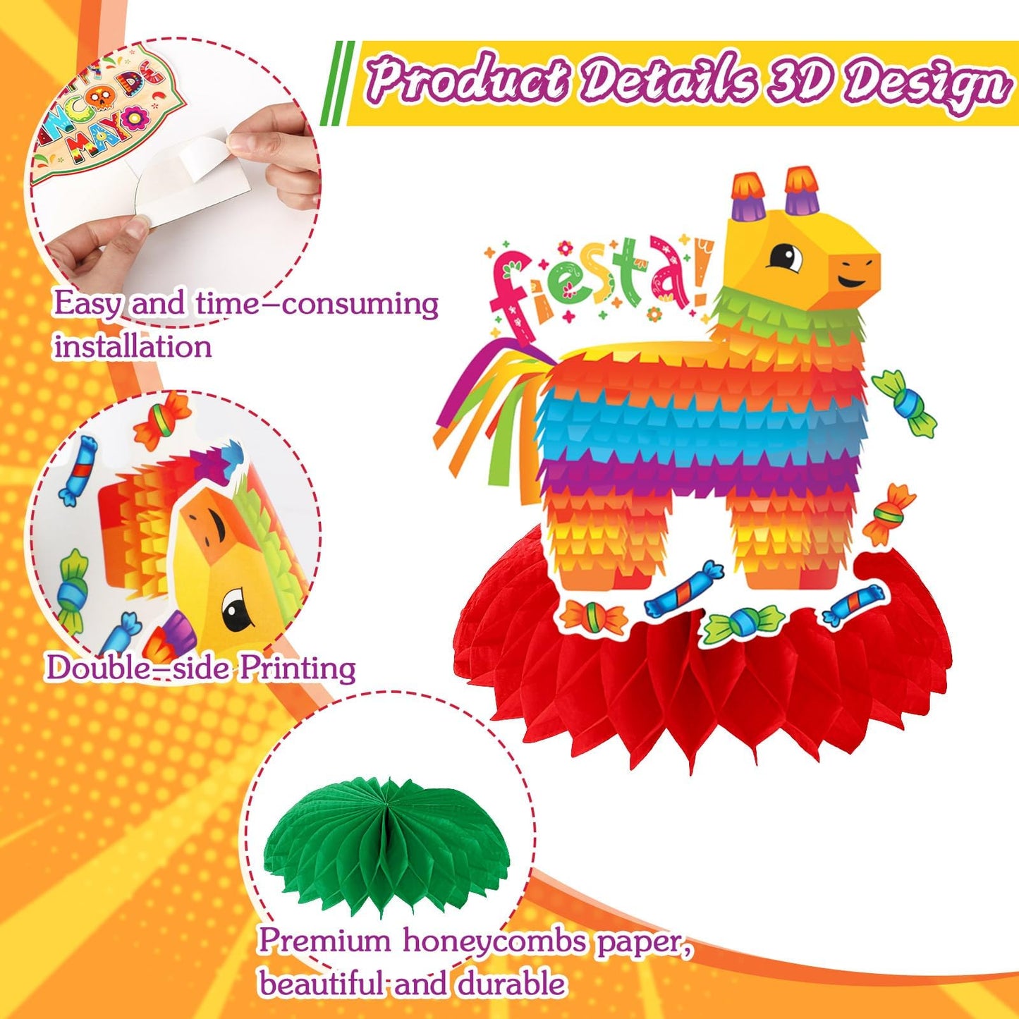 JULMELON 8PCS Cinco De Mayo Party Decorations, Mexican Fiesta Table Decorations Honeycomb Centerpiece for Mexican Theme Taco Par