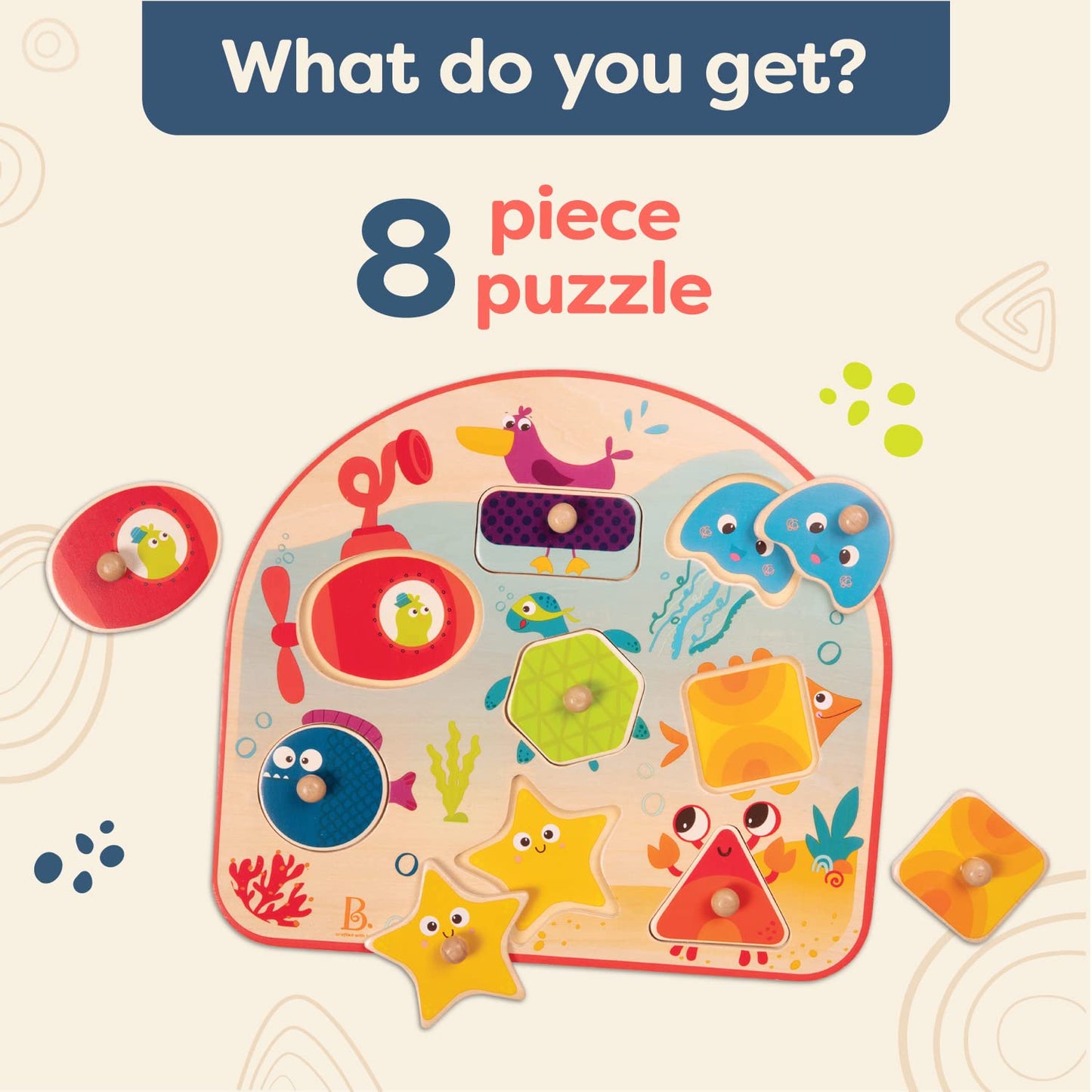 B. Toys- Sea Treasures- Wooden Peg Puzzle – Sea Animals Puzzle – Ocean Peg Puzzle For Toddlers, Kids – 8 Chunky Pieces – 18 Months +