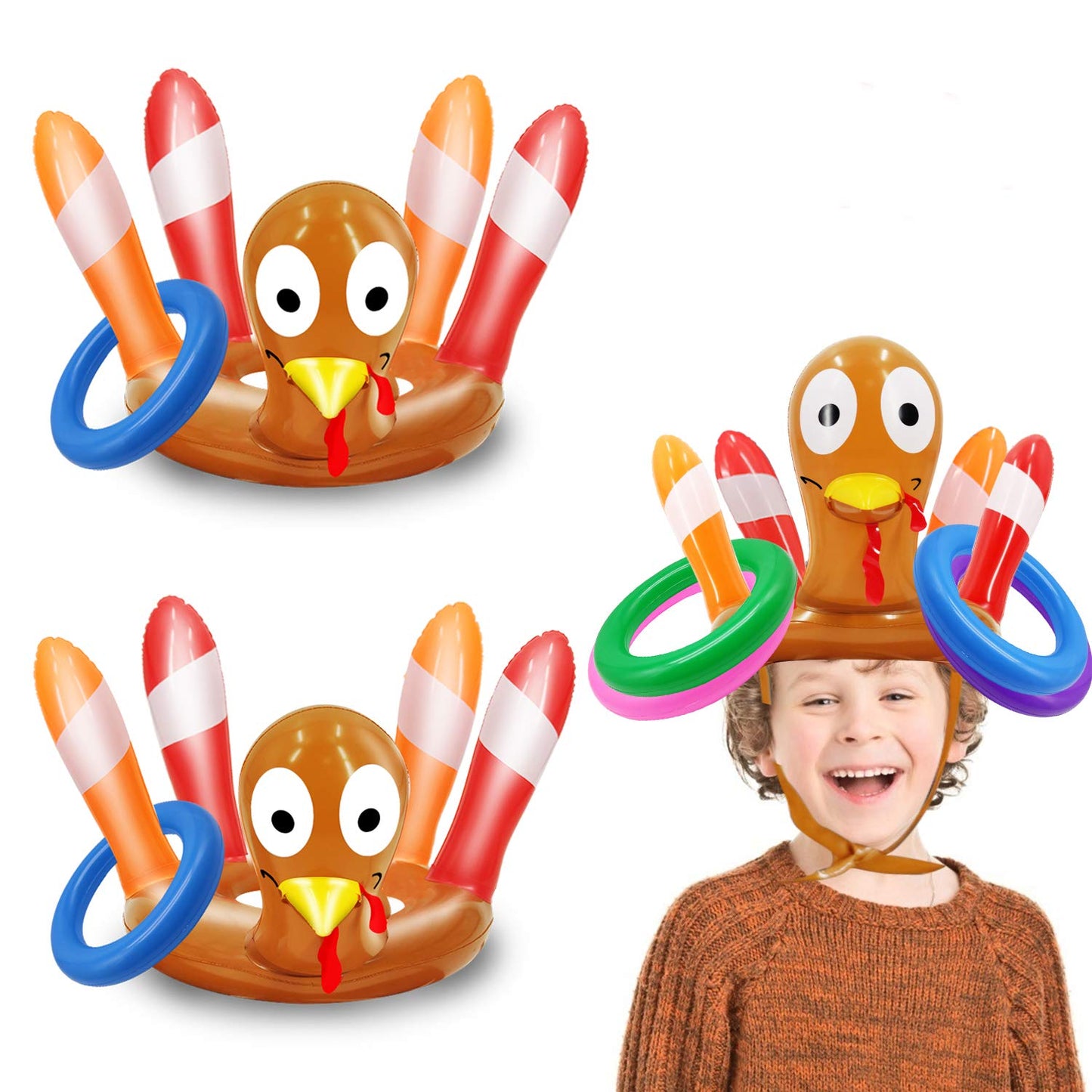 2 Pack Thanksgiving Ring Toss Games Toys for Kids Thanksgiving Inflatable Turkey Hats Toss Games Thanksgiving Family School Part