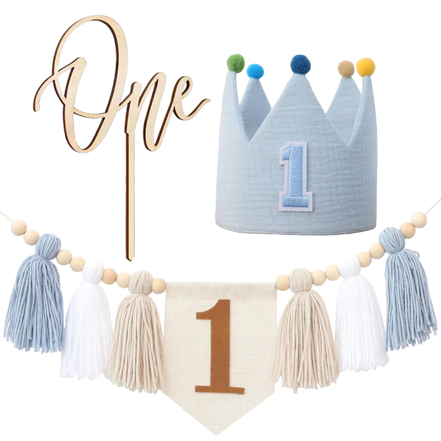 HODIHIWI Baby Boy First Birthday Party Decorations Blue White High Chair Banner 1st Crown Hat Cake Topper