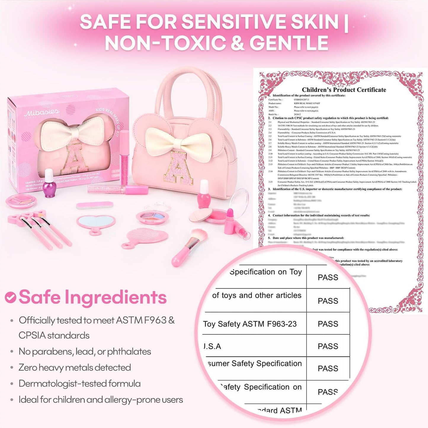 Kids Real Makeup Kit for Girls - 18Pcs Non-Toxic Washable Make Up Toys with Initial Toddler Purse - Personalized Birthday Gifts