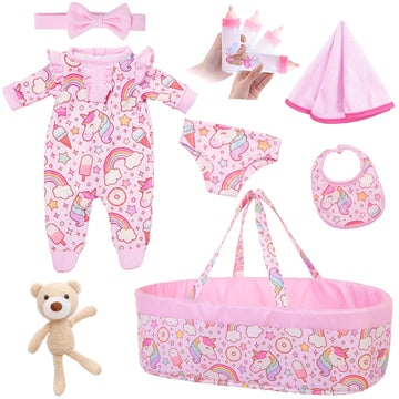 Ecorelf 8 Pcs Baby Doll Clothes With Bassinet For 16-18 Inch Baby Doll Reborn, Baby Doll Accessories Clothes Outfit Including Do