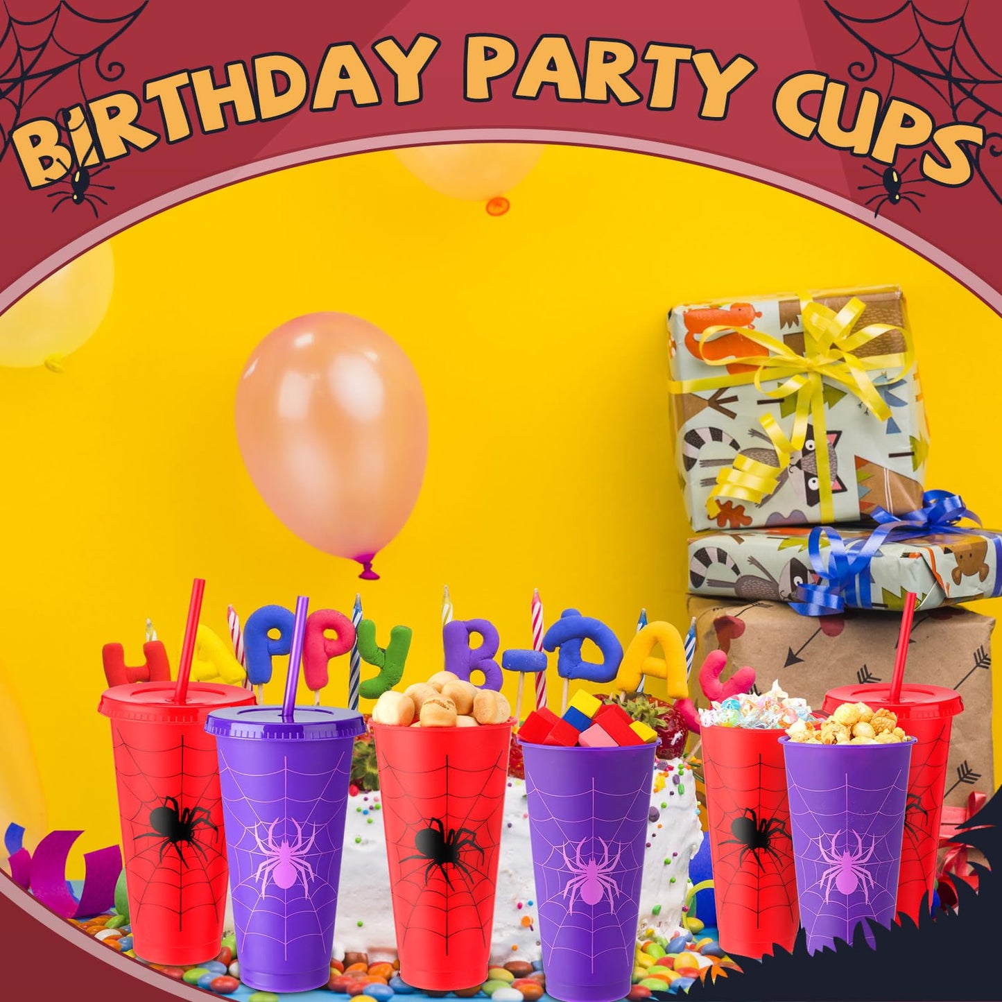 Qinyoung Spider Cups - 24 oz Reusable Plastic Cups with Lid & Straw, Red & Purple, 24 Sets for Birthday & Halloween Party Supplies