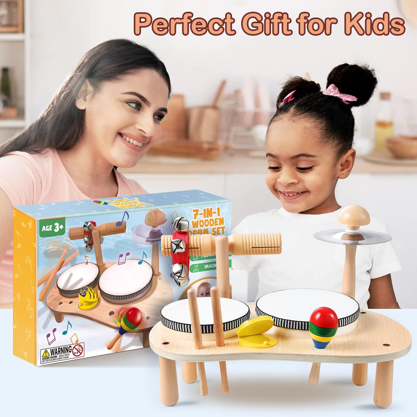 Cozybomb Kids Drum Set For Toddlers: Montessori Musical Instruments Set Toddler Toys - 7 In 1 Wooden Musical Kit Baby Sensory Educational Toys - Christmas Birthday Gifts For Boys & Girls Age 2 3 4 5 6