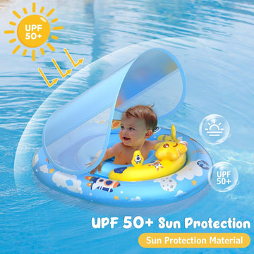 WayEee Baby Pool Float with UPF50+ Canopy, Inflatable Adjustable Seat, 6-36 Months, Blue, Summer Toy for Pool, Bathtub, Beach
