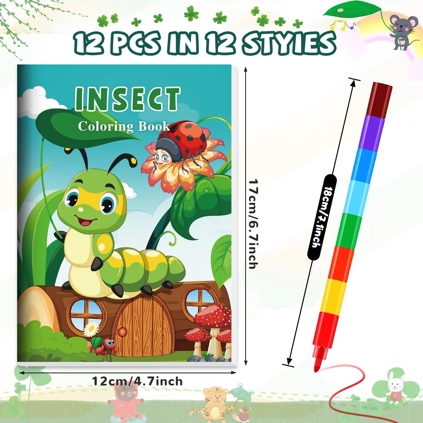 BenLouis 12 Insects Mini Coloring Books Kids with 12 Stacking Crayons Spring Bugs Party Favors Small Activity Books Bulk for Kid