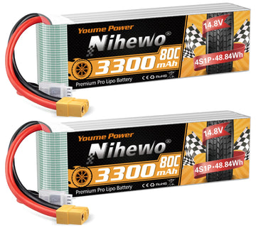 Nihewo 2Packs 4S Lipo Battery Pack, 14.8V Lipo Battery 3300mAh 80C XT60 Connector Compatible with Axial E-flite RC Airplane Plan
