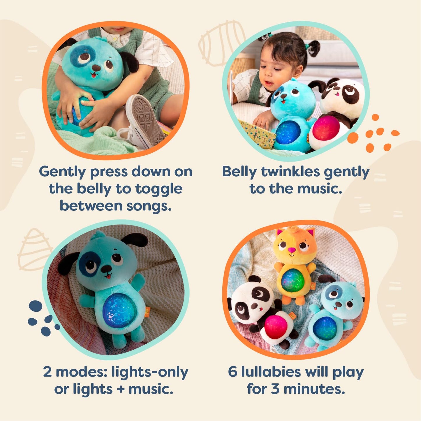 B. toys Baby Soothing Plush Dog - Glowing Tummy with Lights & Sounds, Twinkle Tummies, Small, Multicolor, 6 Months +
