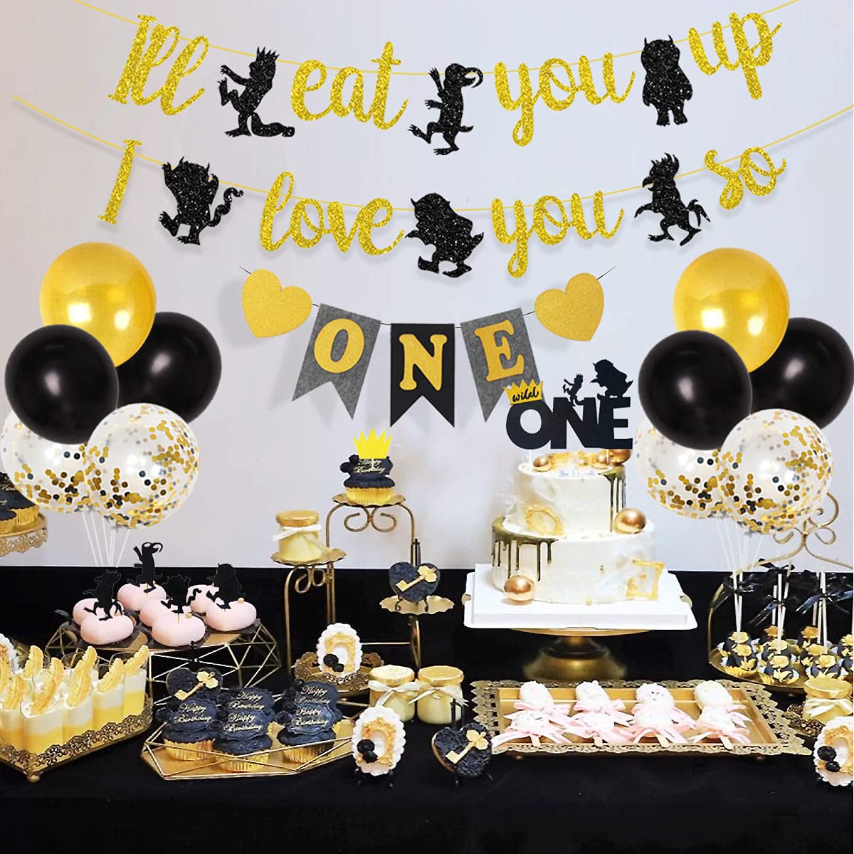 JOYMEMO Wild One Birthday Party Decorations Set, Black Gold Wild One Balloons, I ll Eat You Up I Love You So Banner, Cake Toppe