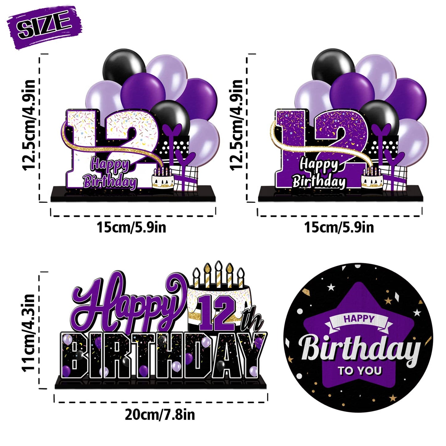 Lingteer Happy 12Th Birthday Purple Acrylic Table Topper Centerpieces Set - Cheers To Twelve Years Old Birthday 12Th Bday Party Gift Decorations.