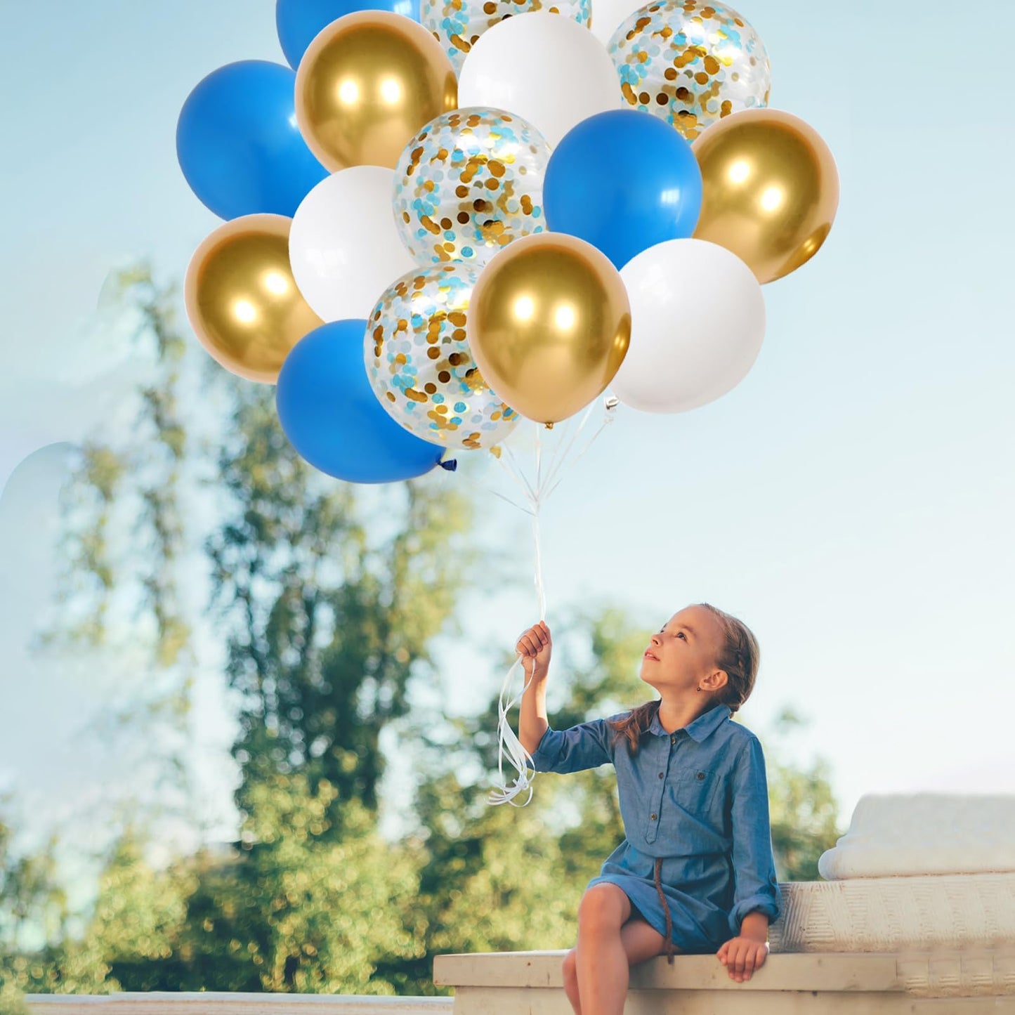 Blue White And Gold Balloons, 60 Psc Blue And White Balloons Set With Blue Gold Confetti Metallic Gold Balloons, 12 Inch Royal B
