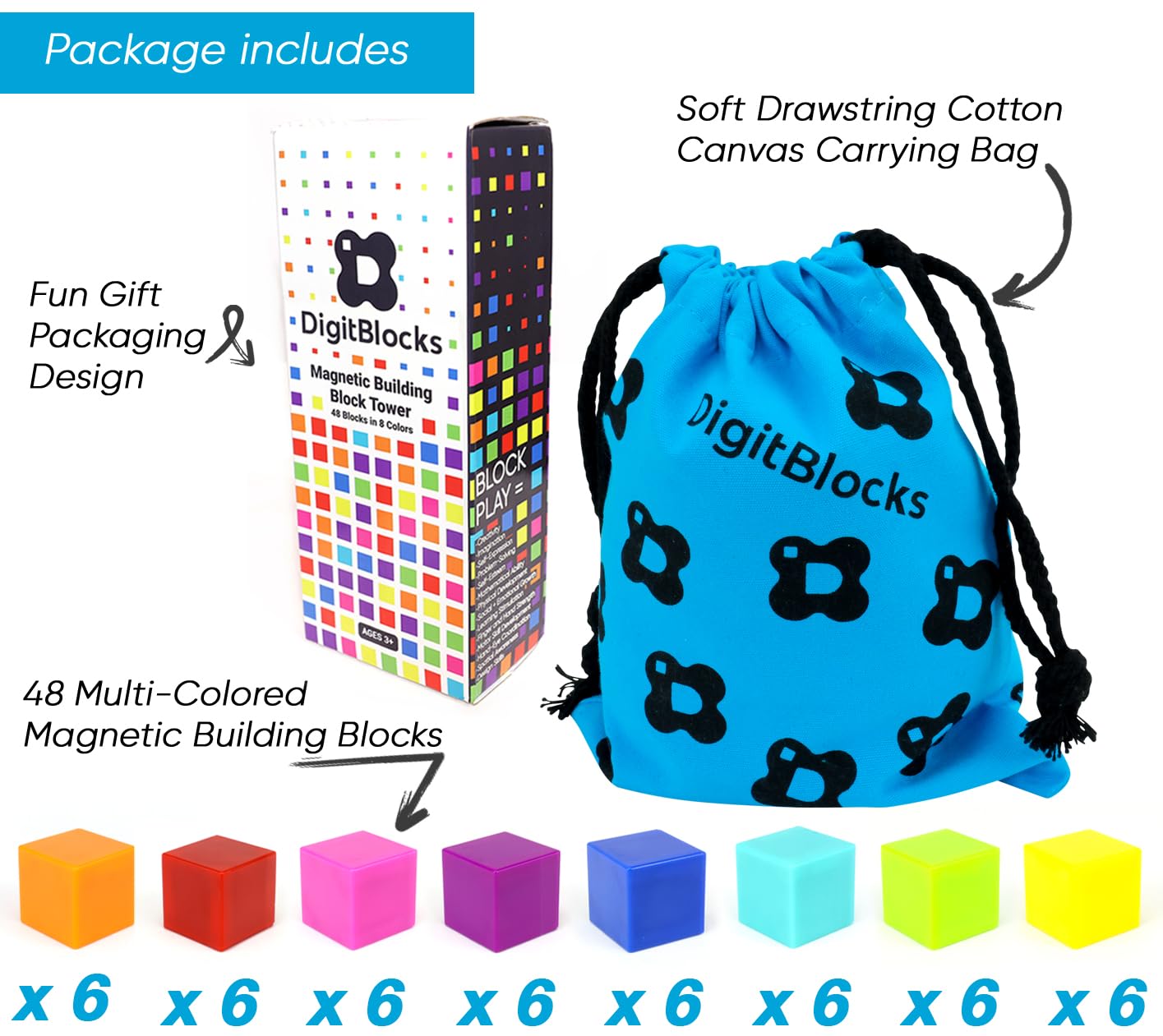 Brainspark Digit Blocks 48Pcs Magnetic Blocks Multi-Color, Magnet Building Blocks For Toddlers, Stacking Cubes, Preschool Stem Magnet Toys For Kids Ages 3-9