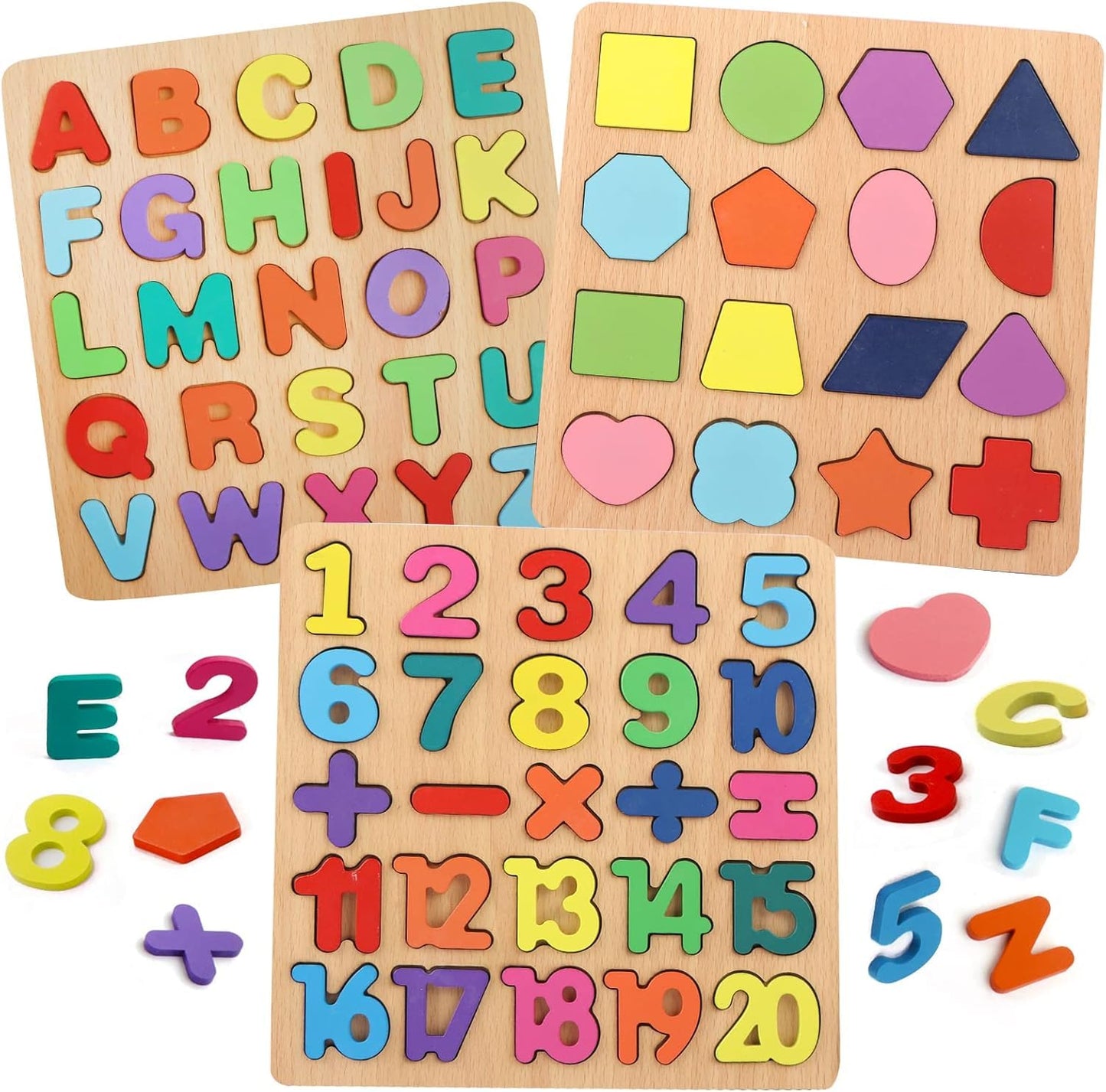 Iseau Colorful Wooden Puzzle Set For Kids Featuring 3D Capital Alphabets, Numbers, And Shapes Board Puzzle Toy, Educational Toy 