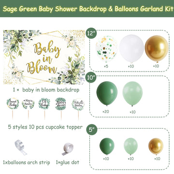 Sage Green Baby Shower Decorations For Boy Girl Sage Green Balloon Garland Kit,Baby In Bloom Backdrop Banner,Eucalyptus Cake Toppers,Greenery Olive Boho Rustic Gender Reveal Neutral Welcome Baby Party