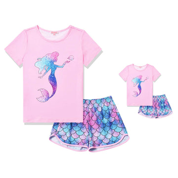Matching Girls&Dolls Pajamas Pink Mermaid Pj Sets Short Sleeve Sleepwear,4T 5T