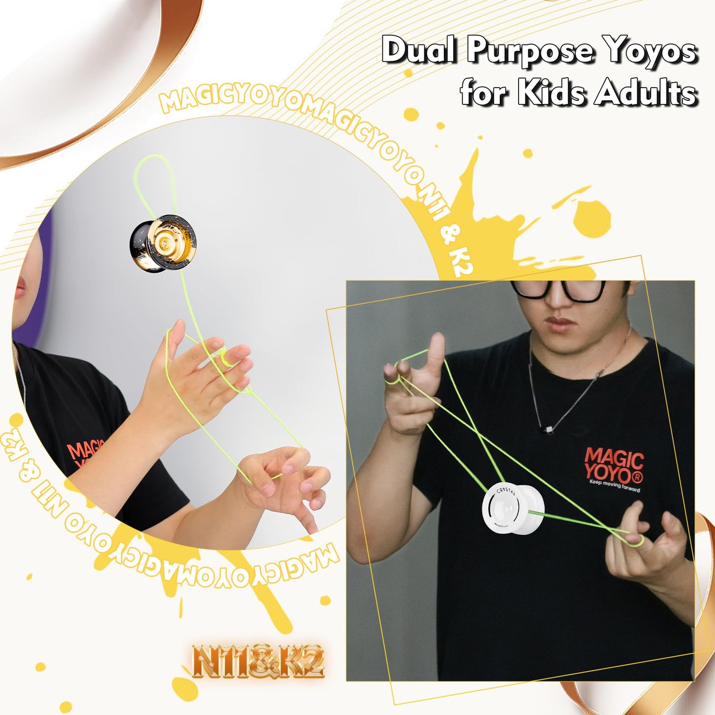 Magicyoyo Pack Of 2 Responsive Yoyos - N11 Black Golden Yoyo And K2 Snow White Fingerspin Yoyo For Kids Beginners, Dual Purpose