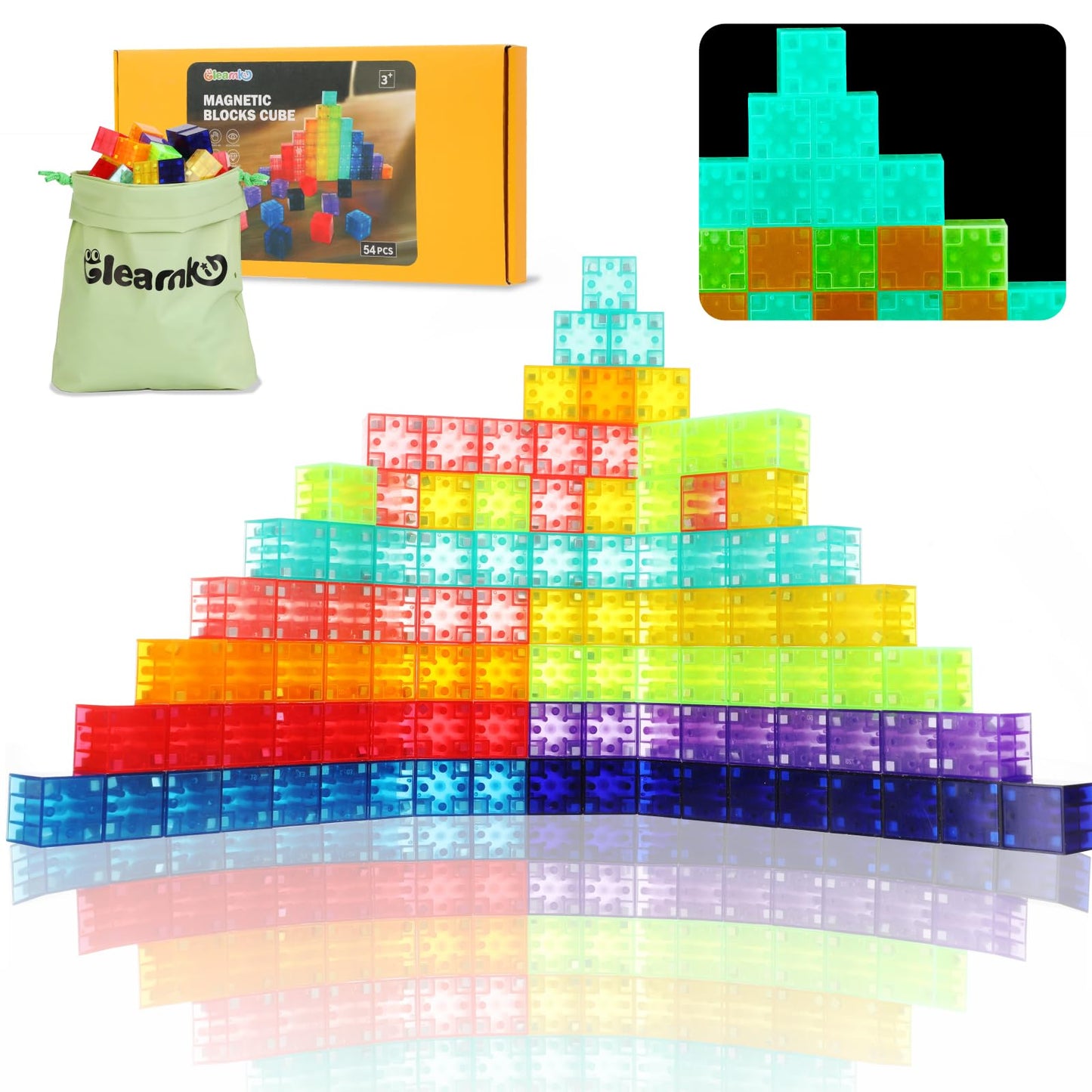 Gleamkid 54Pcs Magnetic Blocks Set, Glow In The Dark Children Construction Kit, Stem Construction Stacking Toy, Multi-Color Rain