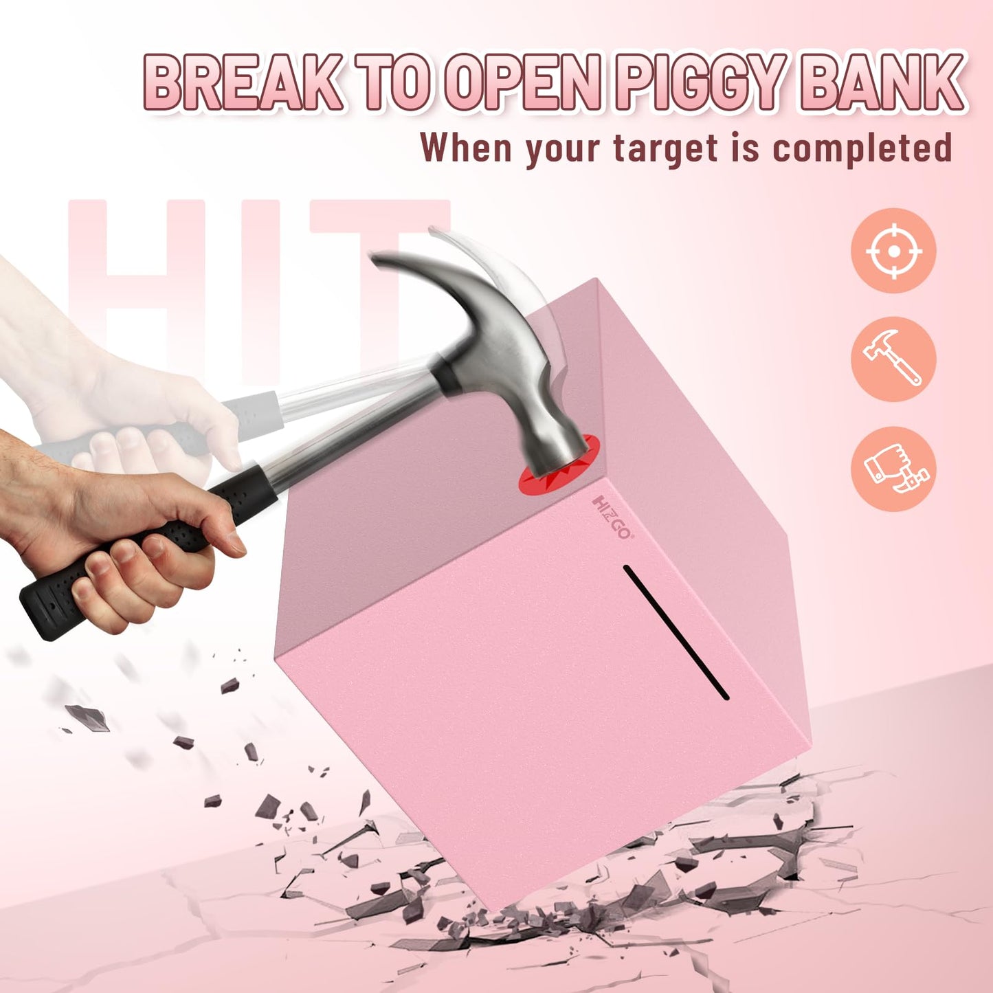Hizgo Adults Pink Piggy Bank, Stainless Steel Piggy Bank For Adults/Kids Must Break To Open, Unopenable Money Saving Box(7.9-Inch, Pink)