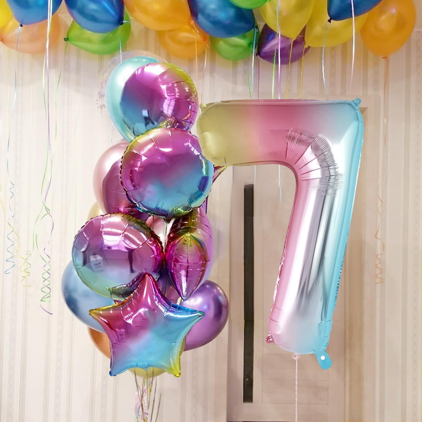 Rainbow Gradient Number 7 Balloon, 40 Inch Big Large Foil Number Balloons, Giant Mylar Number 7 Balloons For 7 Year Old Birthday