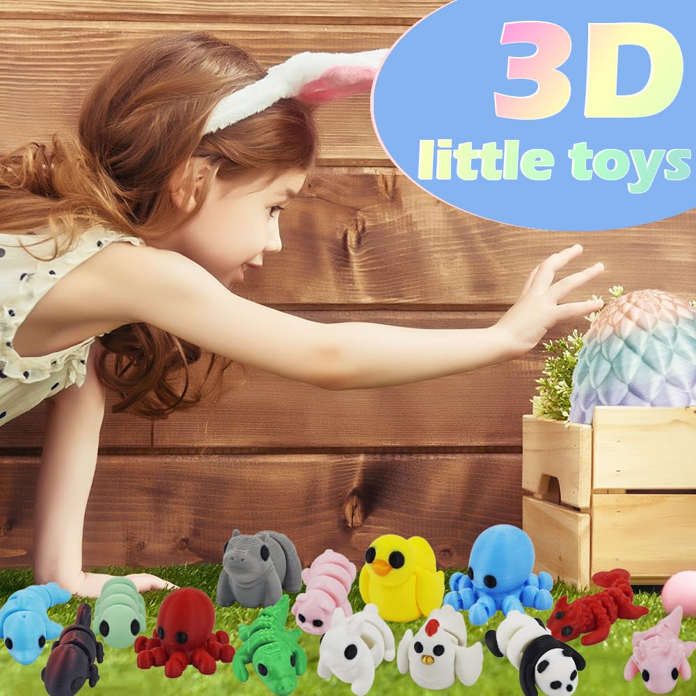 Next Stop M 25Pcs 3D Printed Animal Toys For Kids Easter Basket Stuffers With Decorative Egg Case, Classroom Prizes, Party Goodi