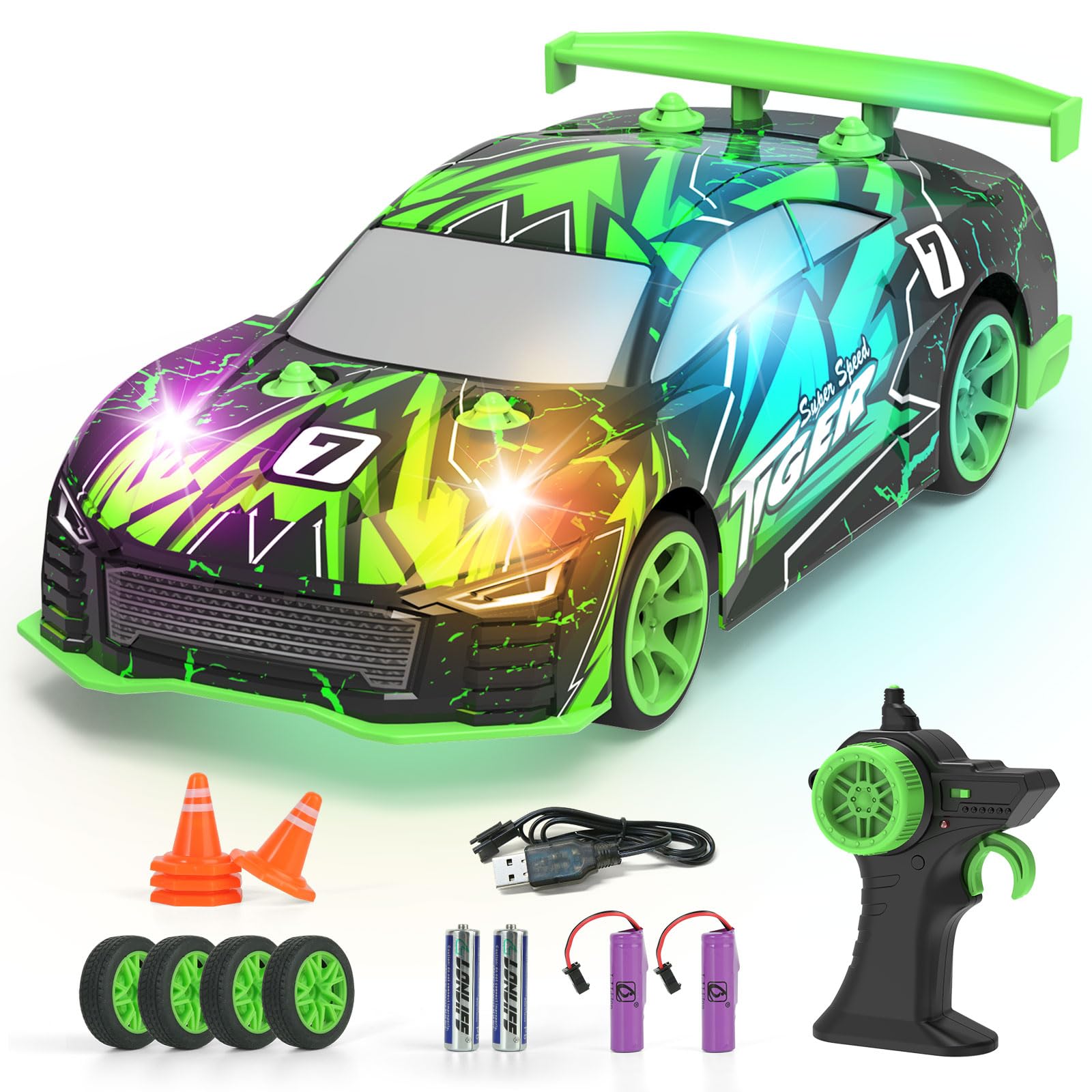 FLYNOVA 4WD RC Drift Car,Light Up Racing Toys for Kids Age 6 7 8 9 10-12,14 KM/H High Speed Vehicle,Easter Thanksgiving Christma