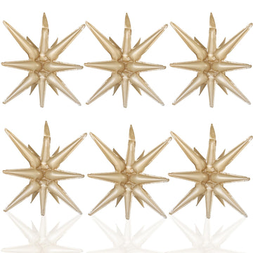 6 Pcs Caramel Colour Star Foil Balloons One-Piece 14-Pointed Star Balloons 4D Starburst Cone Mylar Balloons 22Inch Christmas Bir