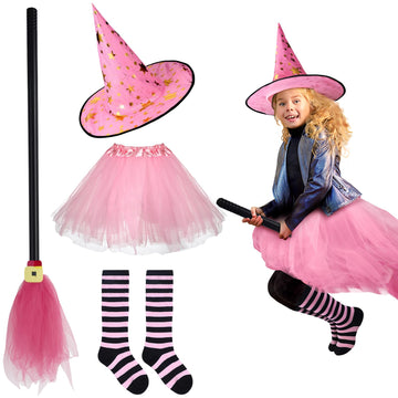 Panitay Halloween Witch Costume For Toddler Girls Includes Pink Tutu Hat Broom And Socks