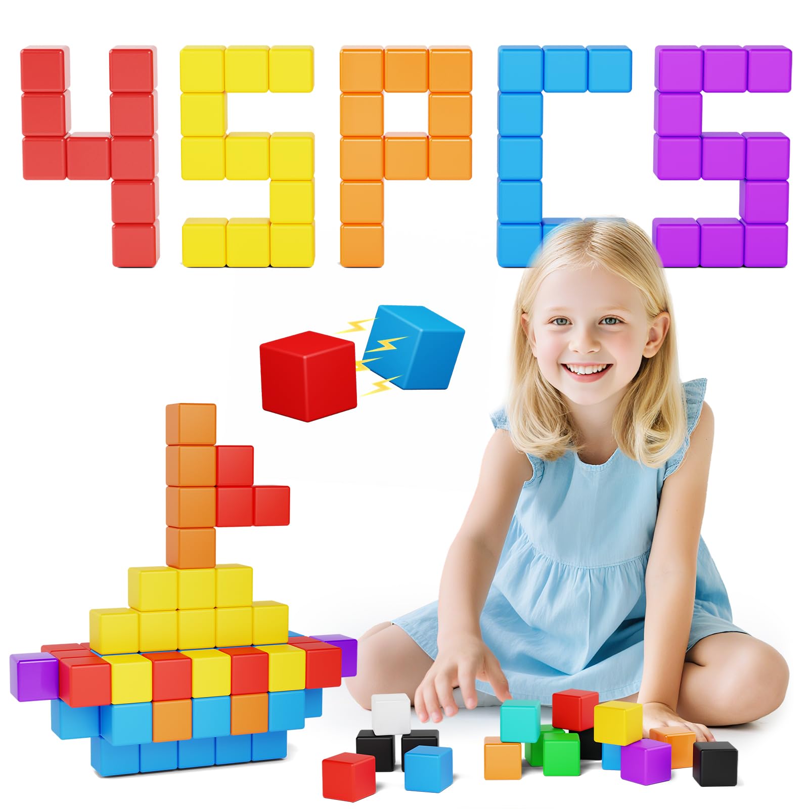 Large Magnetic Blocks for kids ages 4-8-Toddler Toys 45PCS Big Magnet Building Blocks  STEM Sensory Travel Autism Montessori Toys for Boys&Girls  Learning Construction Magnetic Cubes for Birthday Gift