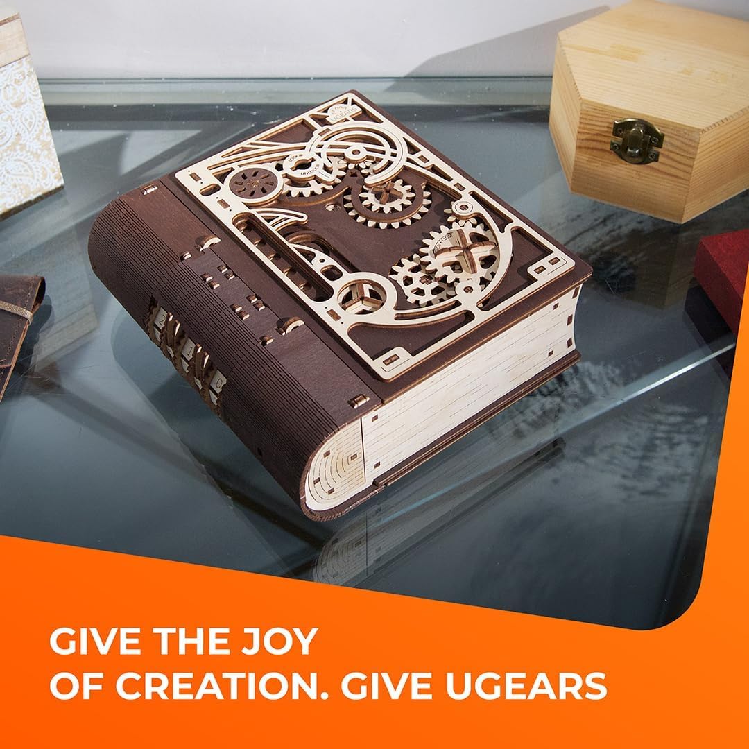 UGEARS Book of Secrets Puzzle Box - 3D Wooden Puzzles for mature-themeds  Fun Wood Steampunk Combination-Lock - DIY Building Mechanical Model Kit for Fathers Day and Hobby Enthusiasts - 263 Pcs