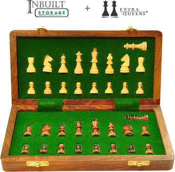 Palm Royal Handicrafts Wooden Handmade Foldable Magnetic Chess Board Set With Magnetic Piece And Extra Queens For 2 Players Kids