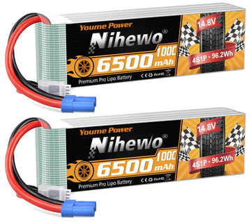 Nihewo 4S Lipo Battery 14.8V RC Battery 6500mAh 100C EC5 Connector Compatible with Arrma Axial Losi 1/5 1/6 1/7 Scale RC Car Tru