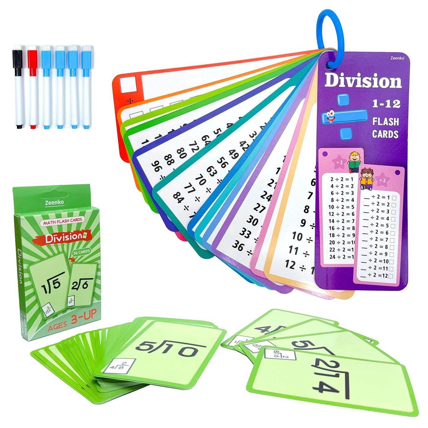 Limque 1-12 Math Flash Cards With 6 Dry Erase Pens, 15Pcs Big Division Flash Cards + 36 Pcs Random Double-Sided Division Practic